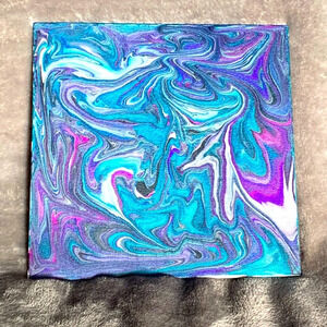 Gorgeous 8”x8” Paint Pour with Metallic Teal, Aqua, Purple, Pink & White